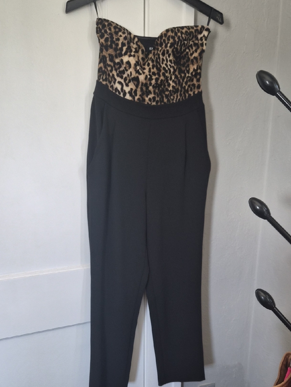 Express Leopard Bust Black Strapless Jumpsuit